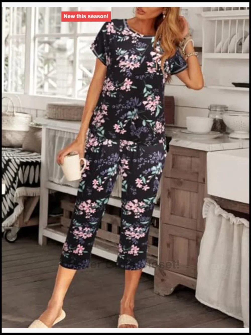 Womens Pajama Sets 2 Pack Short Sleeve Capri Pants Lounge Sleepwear Lightweight